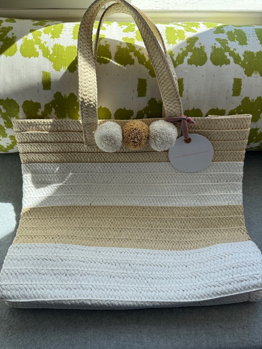 Neutral Stripe Straw Tote with Pom Pom Accent
